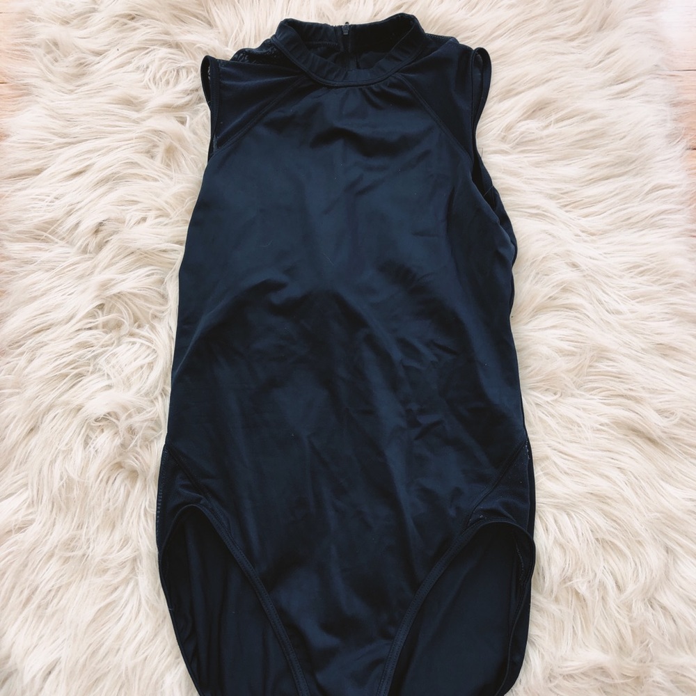 high neck black dance leotard mesh cut outs